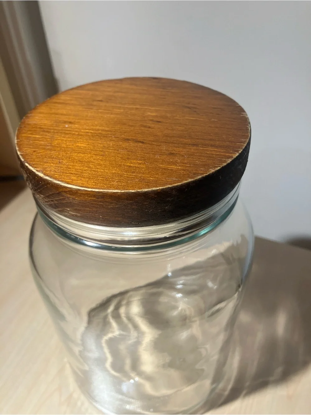 Vintage Anchor Hocking Clear Glass Kitchen Storage Jar with Dark Brown Wood Lid